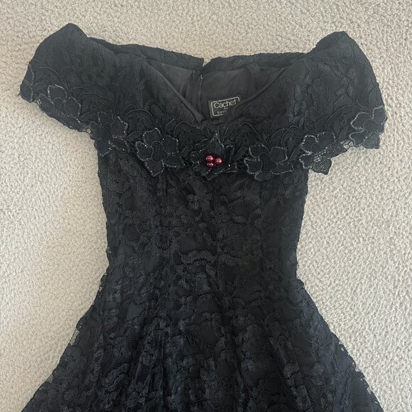 Vintage 80s Lace Gown Boat Neck Off Shoulder Pettiskirt Witchy Goth - Picture 7 of 14